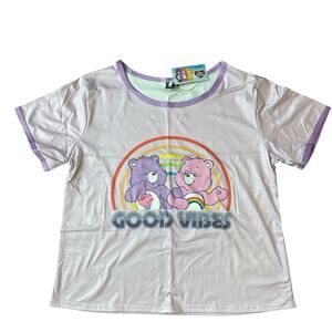 NEW NWT Care Bears Light Purple Good Vibes Rainbow Short Sleeve Silky Shirt